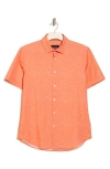 Bugatchi Miles Ooohcotton® Heathered Short Sleeve Button-up Shirt In Coral