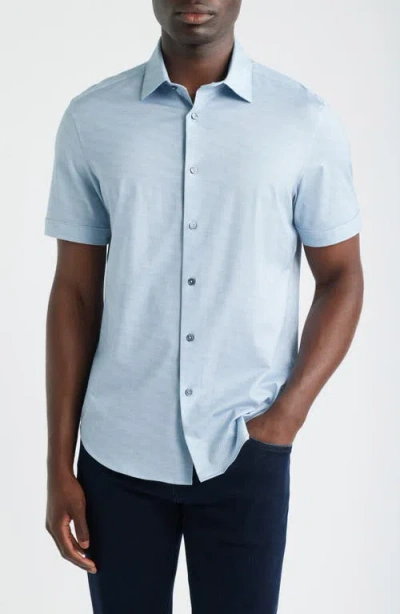 Bugatchi Miles Ooohcotton® Herringbone Print Short Sleeve Button-up Shirt In Gray