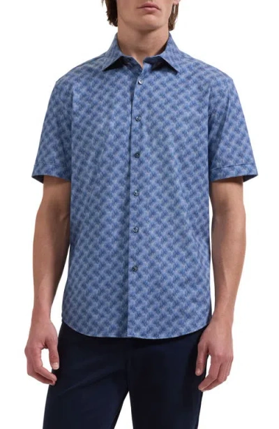 Bugatchi Miles Ooohcotton® Leaf Print Short Sleeve Button-up Shirt In Blue