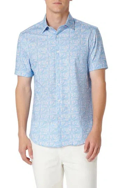 Bugatchi Miles Ooohcotton® Leaf Print Short Sleeve Button-up Shirt In Blue/ Pink
