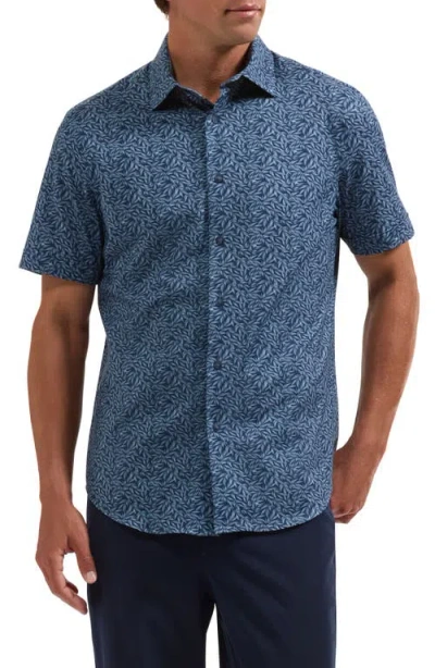Bugatchi Miles Ooohcotton® Leaf Print Short Sleeve Button-up Shirt In Blue