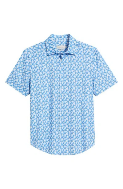 Bugatchi Miles Ooohcotton® Palm Tree Print Short Sleeve Button-up Shirt In Classic Blue