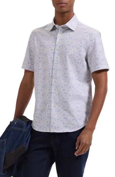 Bugatchi Miles Ooohcotton® Stripe Leaf Print Short Sleeve Button-up Shirt In Blue