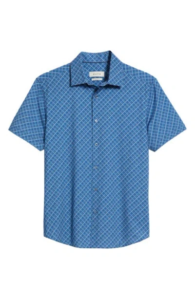 Bugatchi Miles Ooohcotton® Tartan Print Short Sleeve Button-up Shirt In Night Blue