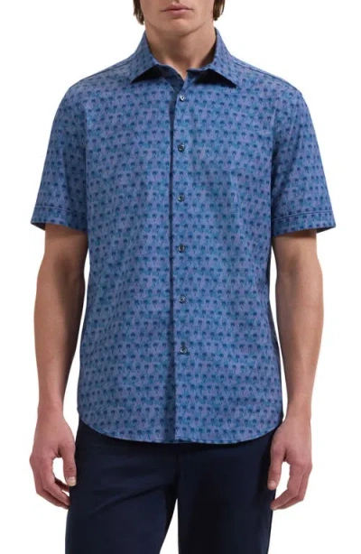 Bugatchi Miles Ooohcotton® Textured Palm Print Short Sleeve Button-up Shirt In Blue
