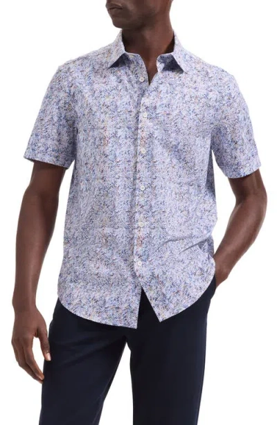 Bugatchi Miles Ooohcotton® Tropical Leaf Print Short Sleeve Button-up Shirt In Blue