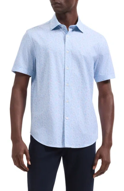 Bugatchi Miles Ooohcotton® Watercolor Leaf Print Short Sleeve Button-up Shirt In Blue