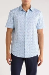 Bugatchi Miles Short Sleeve 8-way Stretch Ooohcotton® Button-up Shirt In Blue
