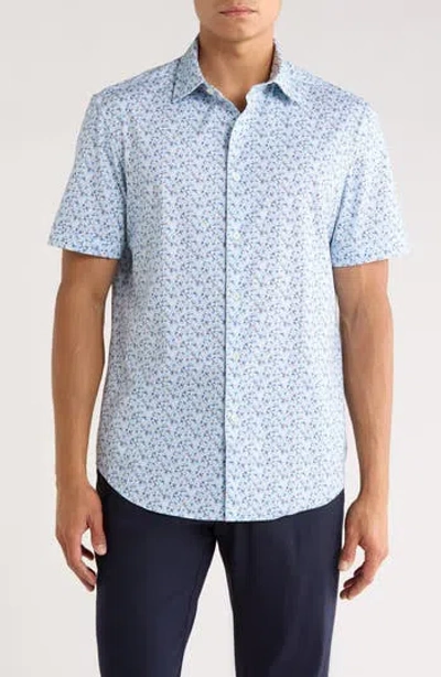 Bugatchi Miles Short Sleeve 8-way Stretch Ooohcotton® Button-up Shirt In Blue