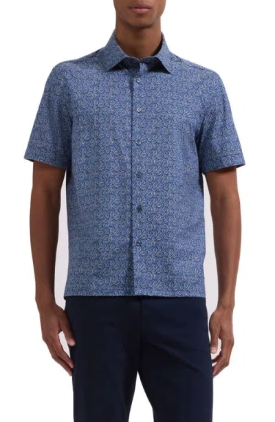 Bugatchi Milo Ooohcotton® Leaf Print Short Sleeve Button-up Shirt In Blue