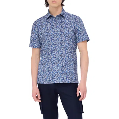 Bugatchi Milo Ooohcotton® Leaf Print Short Sleeve Button-up Shirt In Night Blue