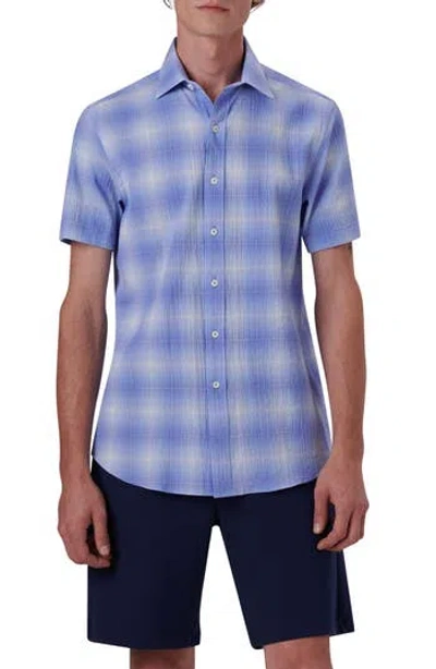 Bugatchi Ombré Check Short Sleeve Cotton Seersucker Button-up Shirt In Blue