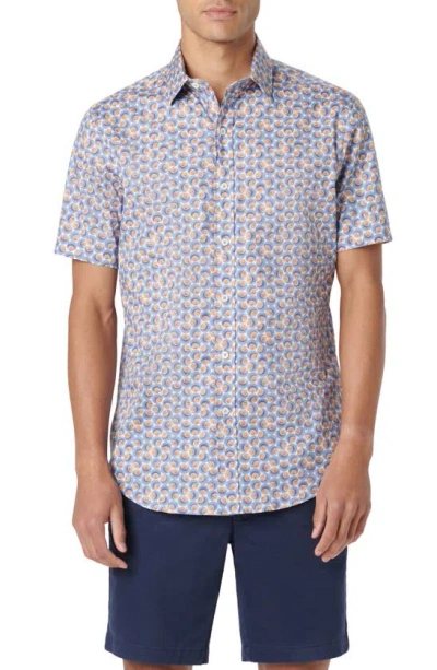 Bugatchi Orson Dot Print Short Sleeve Stretch Cotton Button-up Shirt In Caramel