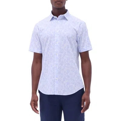 Bugatchi Orson Floral Print Short Sleeve Cotton Seersucker Button-up Shirt In Sky
