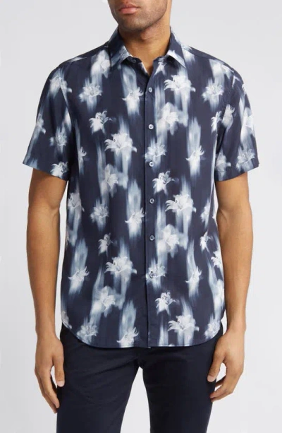 Bugatchi Orson Floral Short Sleeve Button-up Shirt In Navy