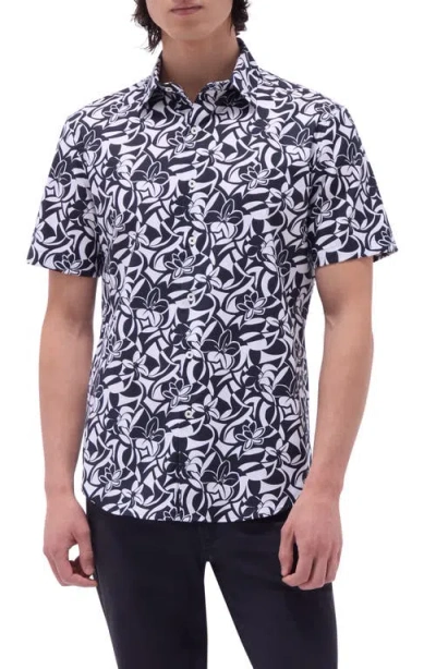 Bugatchi Orson Floral Short Sleeve Stretch Cotton Button-up Shirt In Black