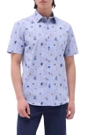 Bugatchi Orson Floral Stripe Short Sleeve Stretch Cotton Button-up Shirt In Air Blue