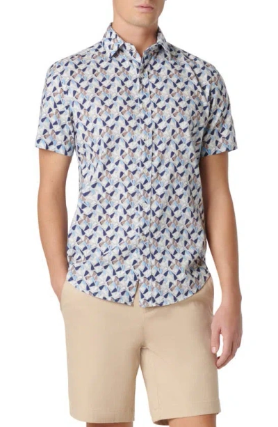 Bugatchi Orson Geo Print Short Sleeve Cotton & Linen Button-up Shirt In Sand