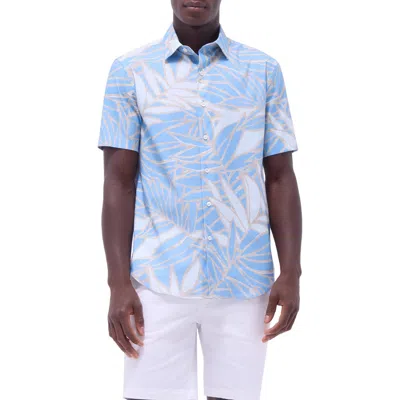 Bugatchi Orson Leaf Print Short Sleeve Stretch Cotton Button-up Shirt In Air Blue