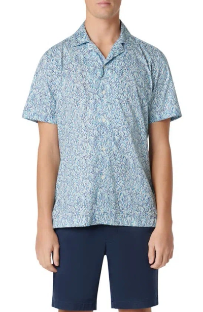 Bugatchi Orson Leaf Print Stretch Cotton Camp Shirt In Aqua