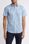 Bugatchi Orson Leaf Print Stretch Cotton Camp Shirt In Aqua Blue