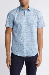 Bugatchi Orson Leaf Print Stretch Cotton Camp Shirt In Aqua Blue
