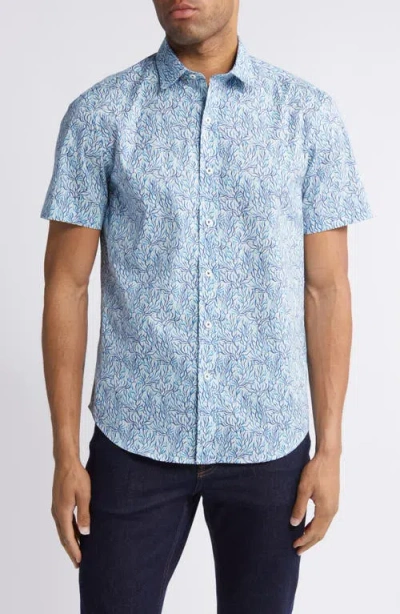 Bugatchi Orson Leaf Print Stretch Cotton Camp Shirt In Aqua Blue