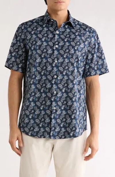 Bugatchi Orson Paisley Pattern Short Sleeve Button-up Shirt In Blue