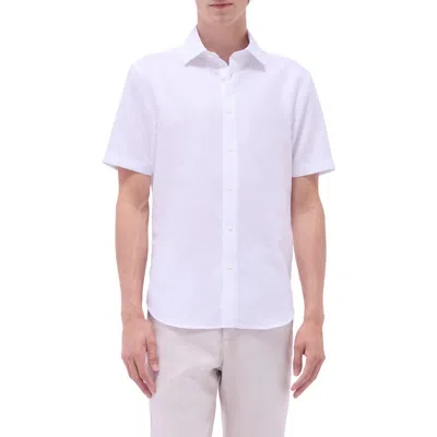 Bugatchi Orson Palm Tree Pattern Solid Short Sleeve Cotton & Linen Button-up Shirt In White