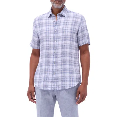 Bugatchi Orson Plaid Short Sleeve Slub Linen Button-up Shirt In Steel