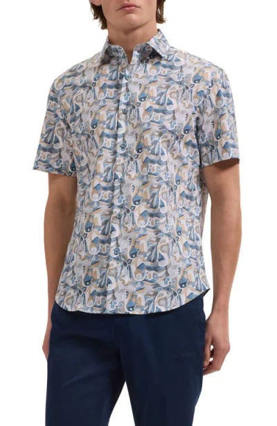 Bugatchi Orson Shaped Fit Abstract Paisley Short Sleeve Stretch Cotton Button-up Shirt In Blue