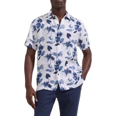 Bugatchi Orson Shaped Fit Leaf Print Short Sleeve Button-up Shirt In Blue
