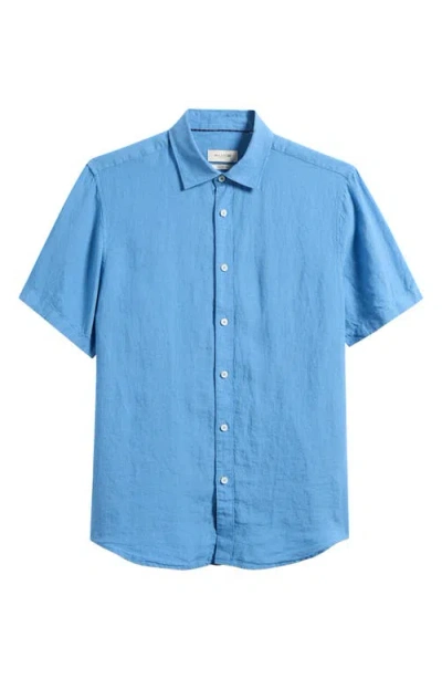 Bugatchi Orson Shaped Fit Short Sleeve Linen Button-up Shirt In Blue