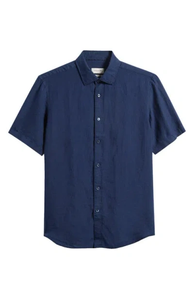 Bugatchi Orson Shaped Fit Short Sleeve Linen Button-up Shirt In Blue