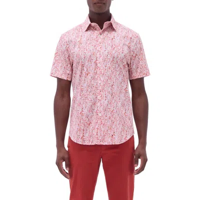 Bugatchi Orson Trim Fit Leaf Print Short Sleeve Stretch Cotton Button-up Shirt