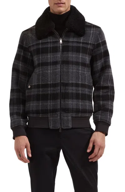 Bugatchi Plaid Wool Blend Blouson Jacket With Faux Shearling Collar In Black
