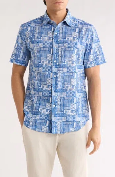 Bugatchi Print Short Sleeve Cotton Button-up Shirt In Blue