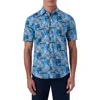 Bugatchi Shaped Fit Print Stretch Cotton Short Sleeve Button-up Shirt In Blue
