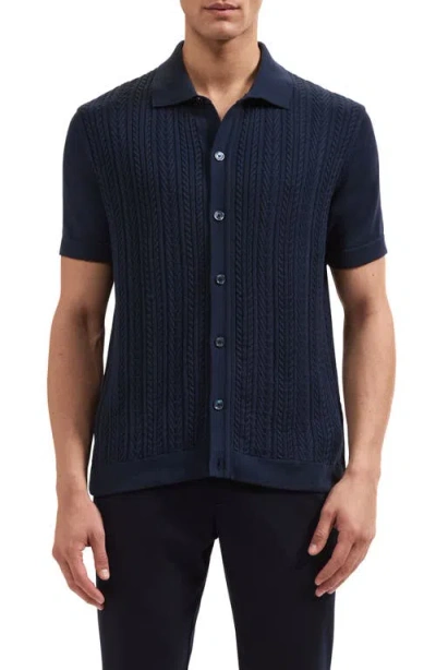Bugatchi Short Sleeve Cable Knit Button-up Sweater In Blue