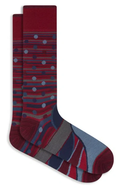 Bugatchi Stripe & Dot Mercerized Cotton Blend Dress Socks In Burgundy