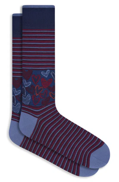 Bugatchi Stripe & Heart Mercerized Cotton Blend Dress Socks In Blue