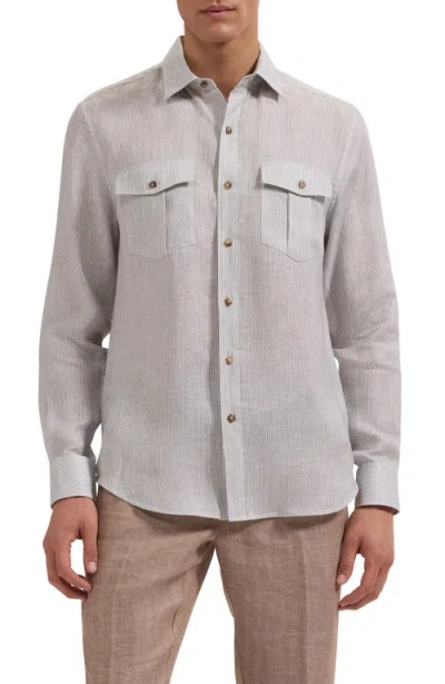 Bugatchi Stripe Shaped Fit Linen Button-up Shirt In Brown