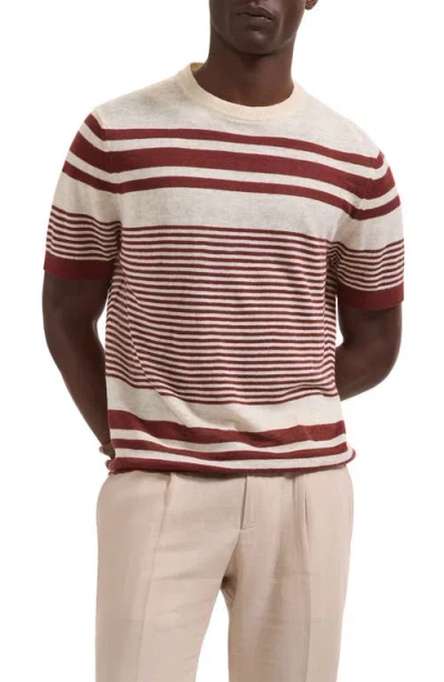 Bugatchi Stripe Short Sleeve Linen & Cotton Blend Sweater In Brown