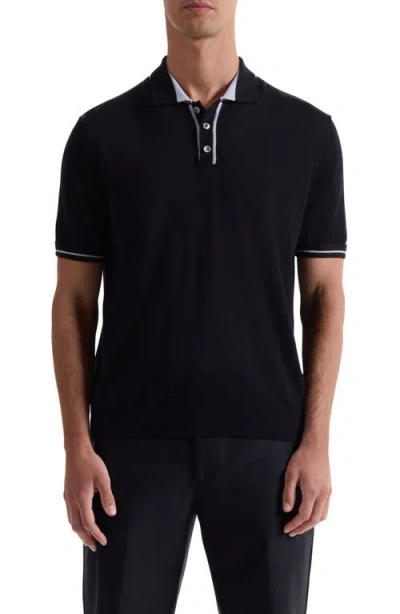 Bugatchi Three Button Merino Wool & Silk Polo In Black