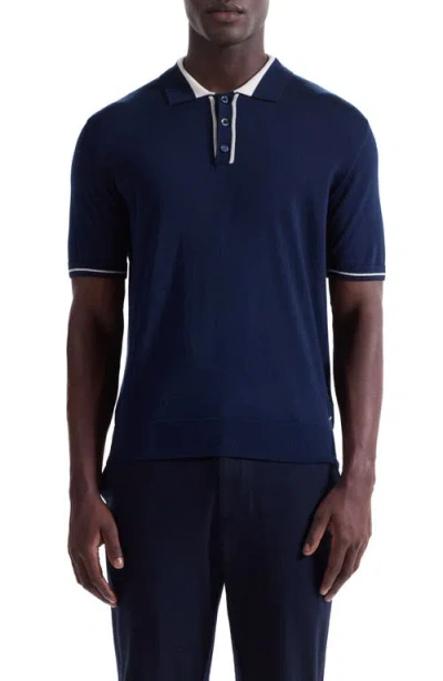Bugatchi Three Button Merino Wool & Silk Polo In Blue