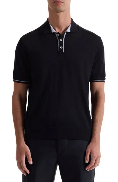 Bugatchi Tipped Merino Wool & Silk Polo Sweater In Black