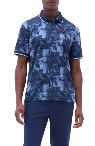 Bugatchi Tipped Palm Tree Print Pima Cotton Polo In Indigo