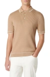Bugatchi Tipped Rib Cable Stitch Polo Sweater In Caramel