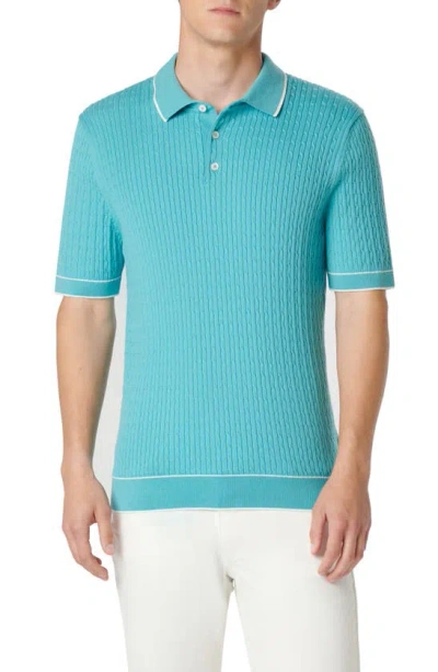 Bugatchi Tipped Rib Cable Stitch Polo Sweater In Jade