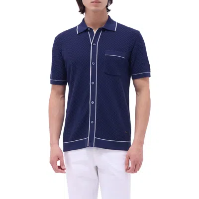 Bugatchi Tipped Short Sleeve Button-up Sweater In Navy